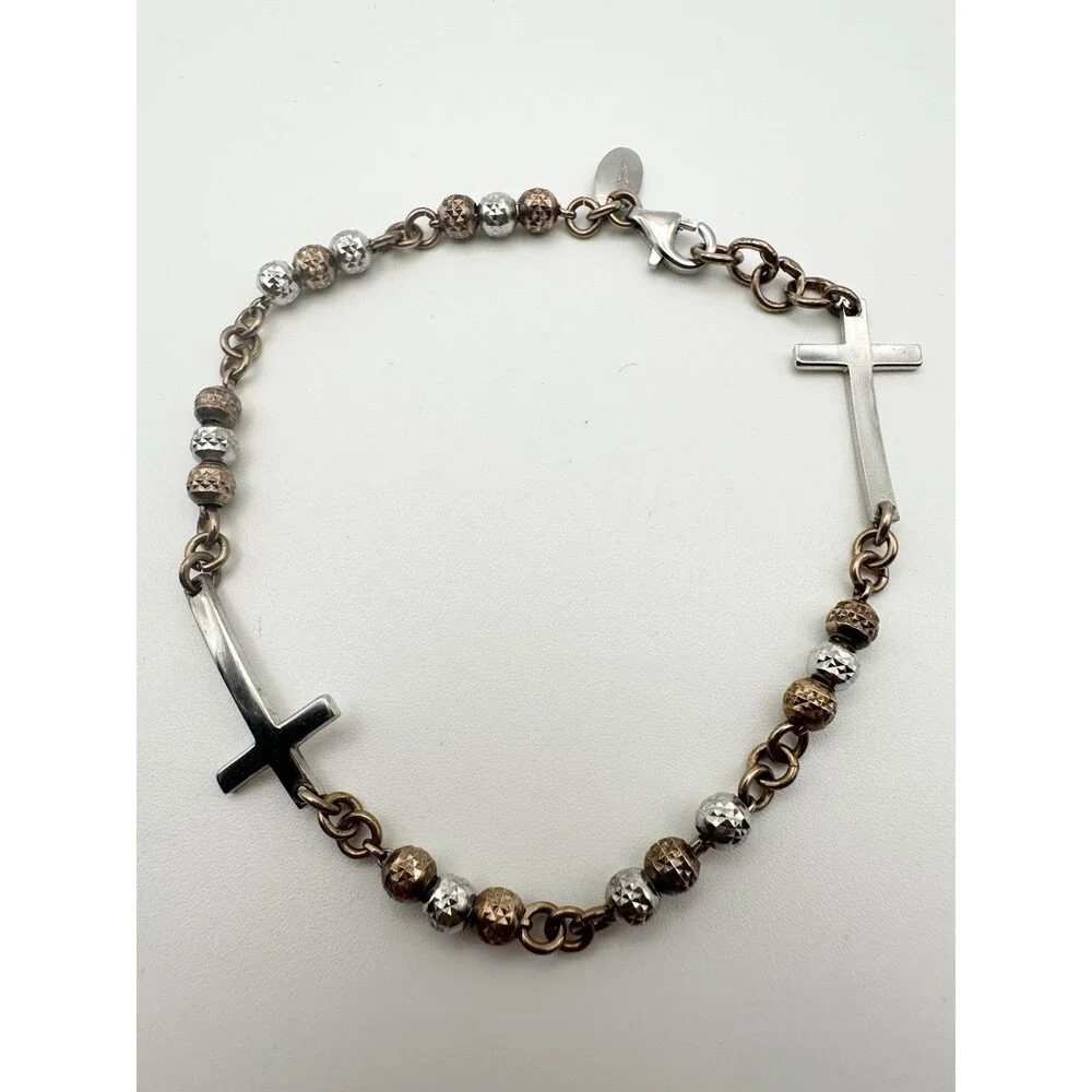 Dyadema Sterling Silver Rose Gold Hammered Bead Cross Charm Bracelet 7.75”